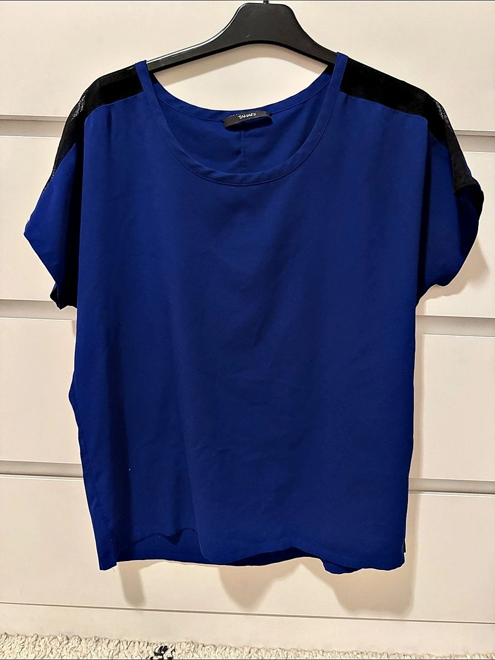 Tahari Royal Blue and Black Mesh Short Sleeve Top Blouse - Size Small